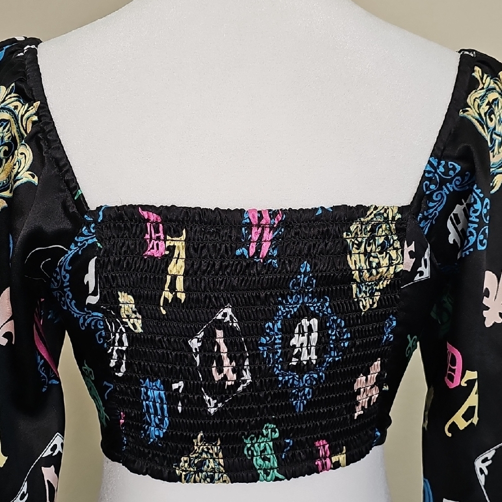 O.L.M Corset style Satin Black, Multicolor Crop Top Long Sleeve Size S - Picture 5 of 8